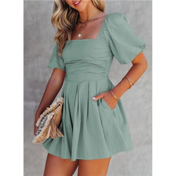 Women's Romper Cute Puff Sleeve Elastic Summer Mini Short Romper Jumpsuit - Picture 4 of 6